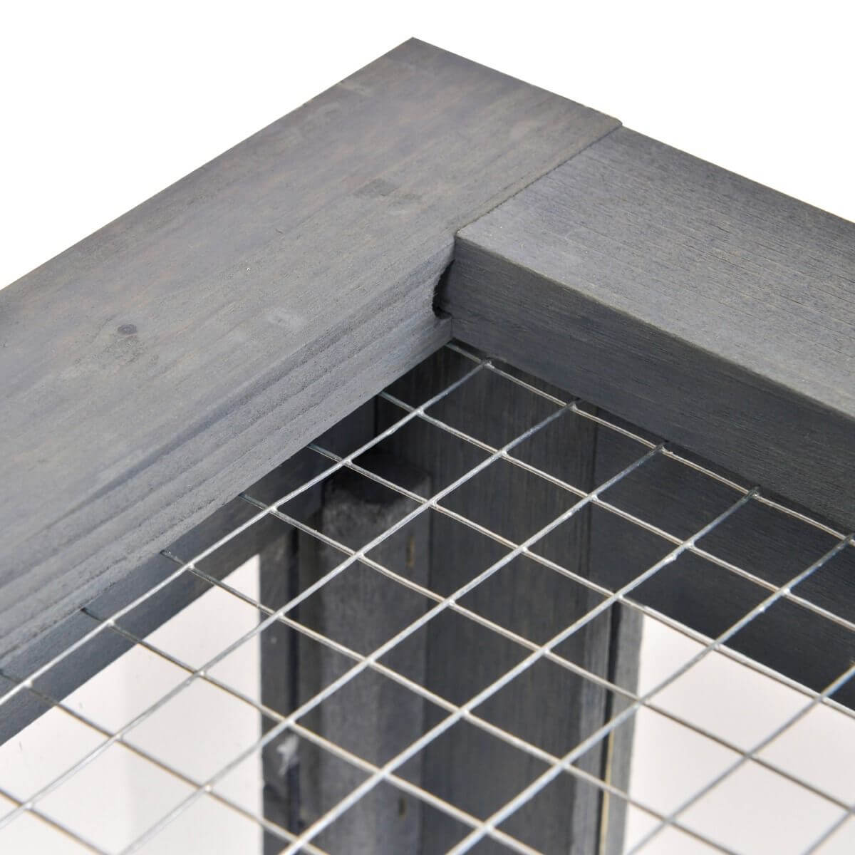 Close-up of PawHut Wooden Tortoise House Indoor Turtle Habitat Enclosure Outdoor Reptile Cage Gray corner section.