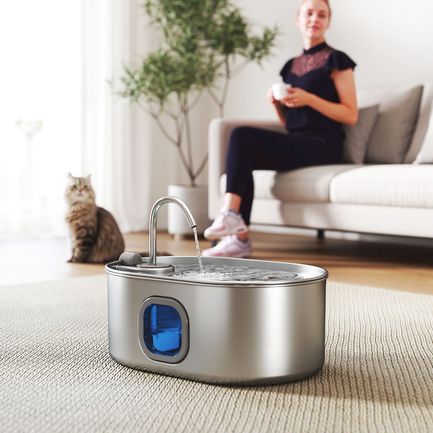 PawHut 246 oz./7L stainless steel cat water fountain with filters and ultra-quiet pump in a living room, ideal for pets.