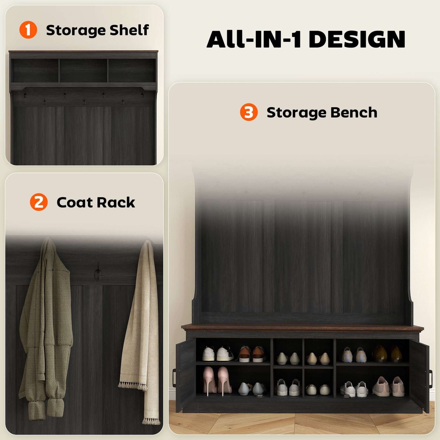 HOMCOM 3-in-1 black wood grain hall tree with bench, coat rack, and shoe storage. Perfect farmhouse entryway furniture for organization.