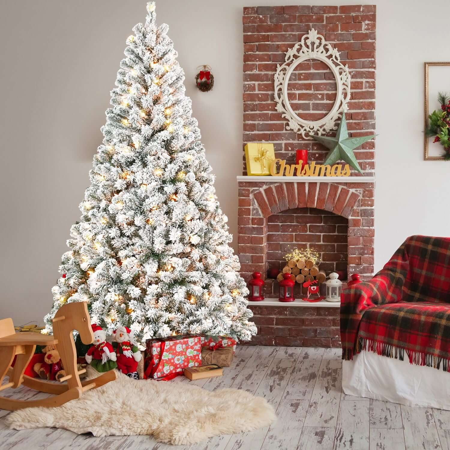 6FT Pre Lit Flocked Christmas Tree with 250 white lights in a cozy living room setting.
