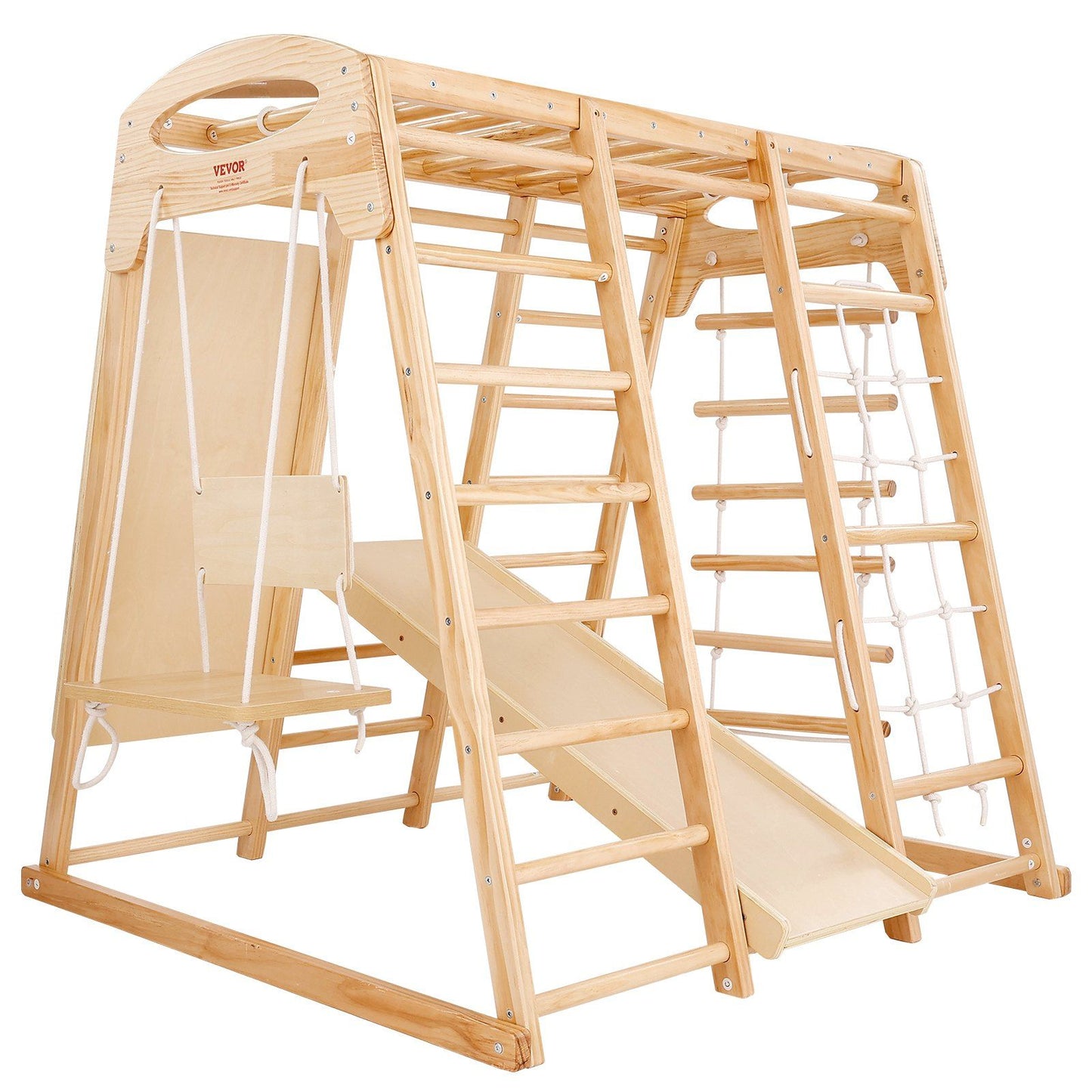 VEVOR indoor jungle gym with ladder, slide, swing, and climbing features for toddler play; supports up to 300 lbs; 7-in-1 multifunctional.