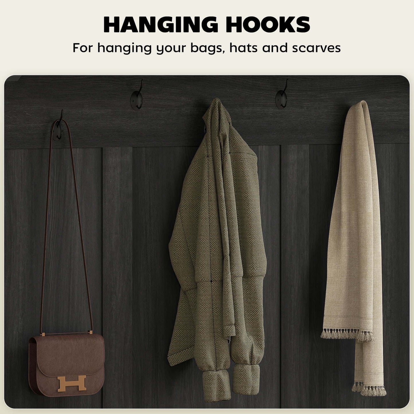 Black wood grain coat rack with hanging hooks for bags, hats, and scarves, featuring a rustic farmhouse design.
