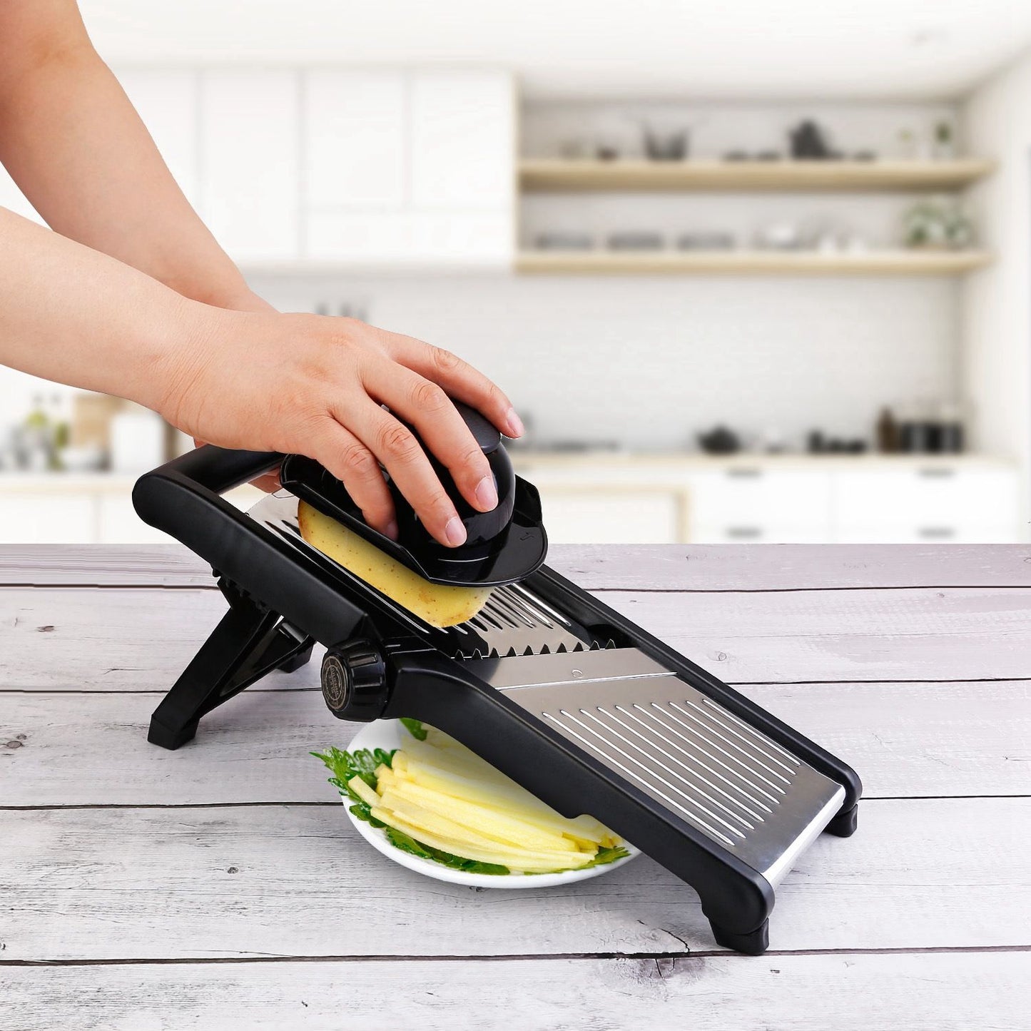 Alt Tag: Mandoline Food Slicer with adjustable stainless steel blades, slicing vegetables on kitchen countertop. Safe and versatile grater and chopper.