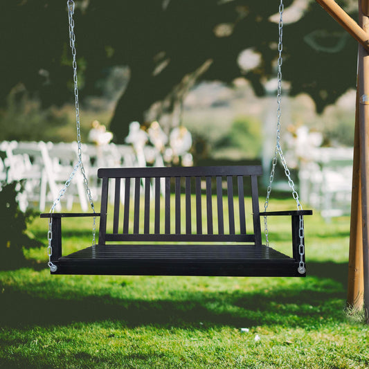 Wood Porch Swing with Armrests in black, outdoor garden setup