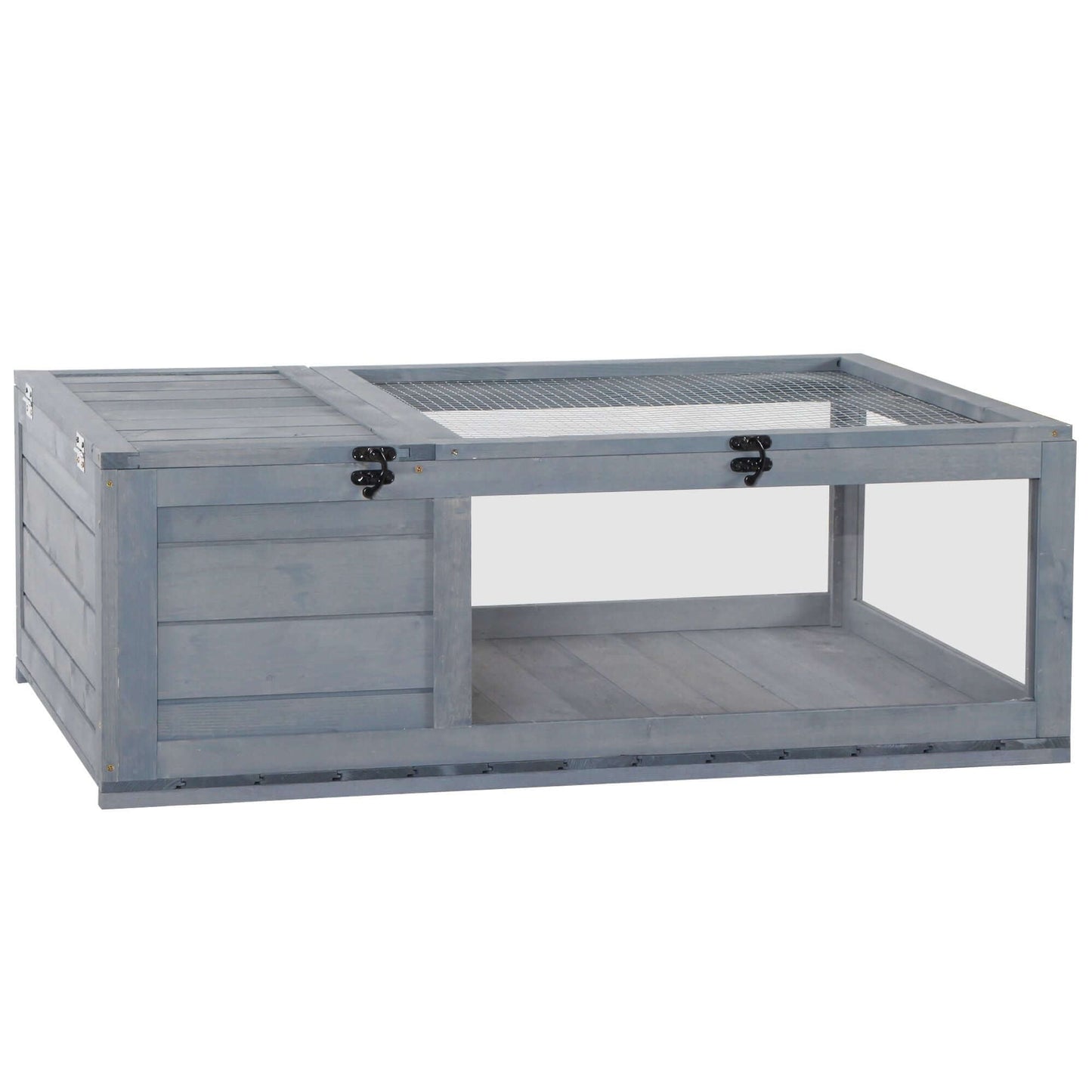 PawHut Wooden Tortoise House Indoor Turtle Habitat Enclosure Outdoor Reptile Cage Gray with two-room design