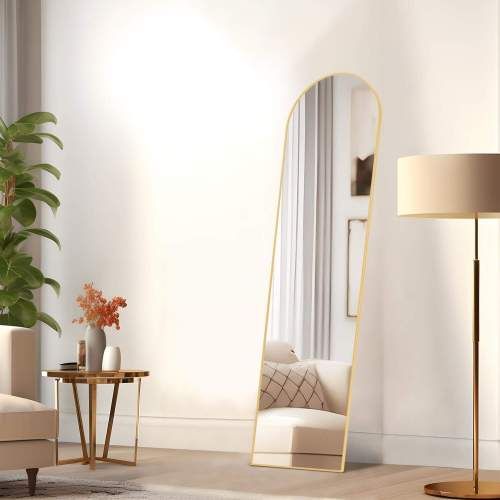 Floor standing mirror with thin aluminum alloy frame, 21''*64'', in elegant modern room with cozy decor.