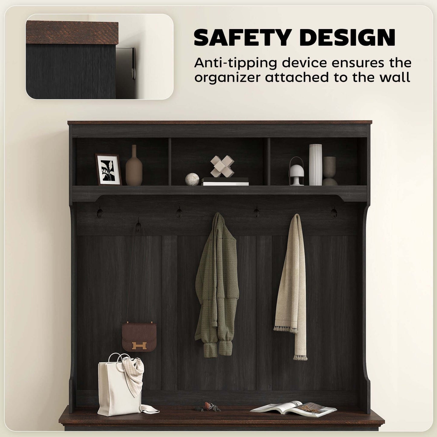 HOMCOM 3-in-1 Hall Tree in black wood grain featuring hooks for coats, shoe storage, and a bench, showcasing anti-tipping safety design.