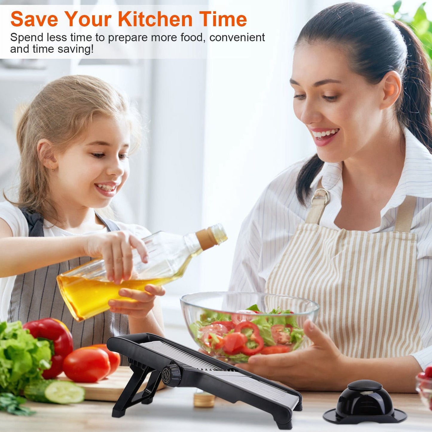 Mother and daughter prepping salad with Mandoline Food Slicer, highlighting convenience and efficiency in kitchen.
