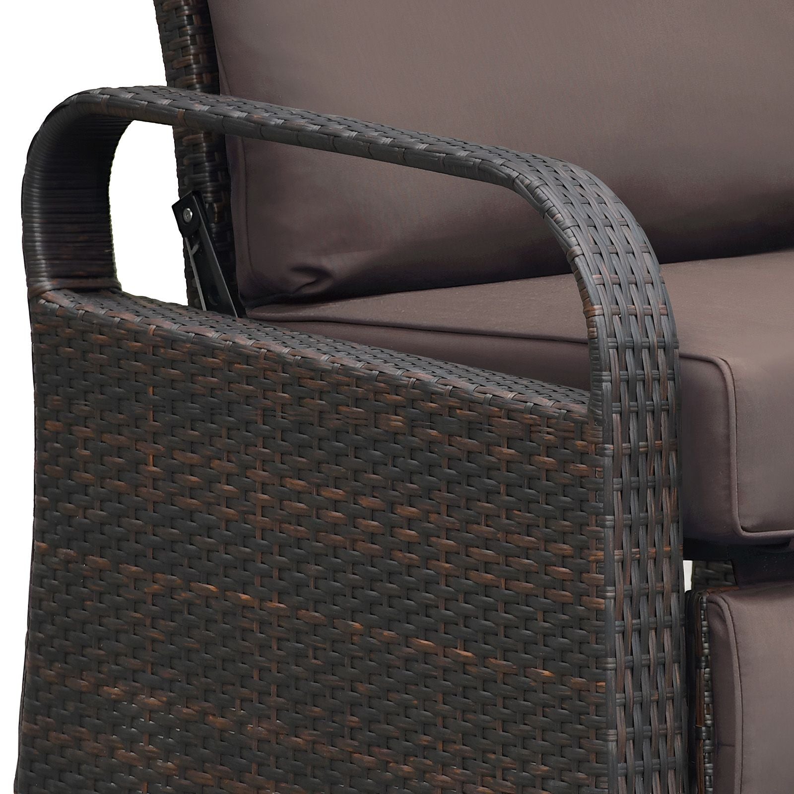 Close-up of Adjustable Wicker Recliner Chair armrest and cushion, highlighting luxury design and outdoor relaxation.