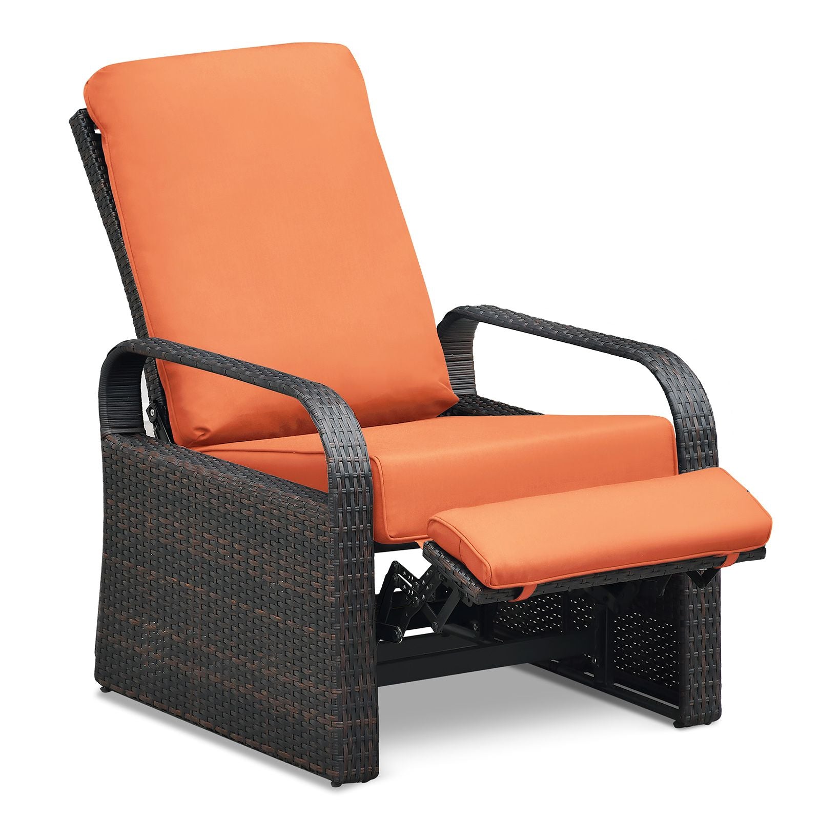 Adjustable Wicker Recliner Chair with orange cushion in reclining position, perfect for outdoor relaxation.