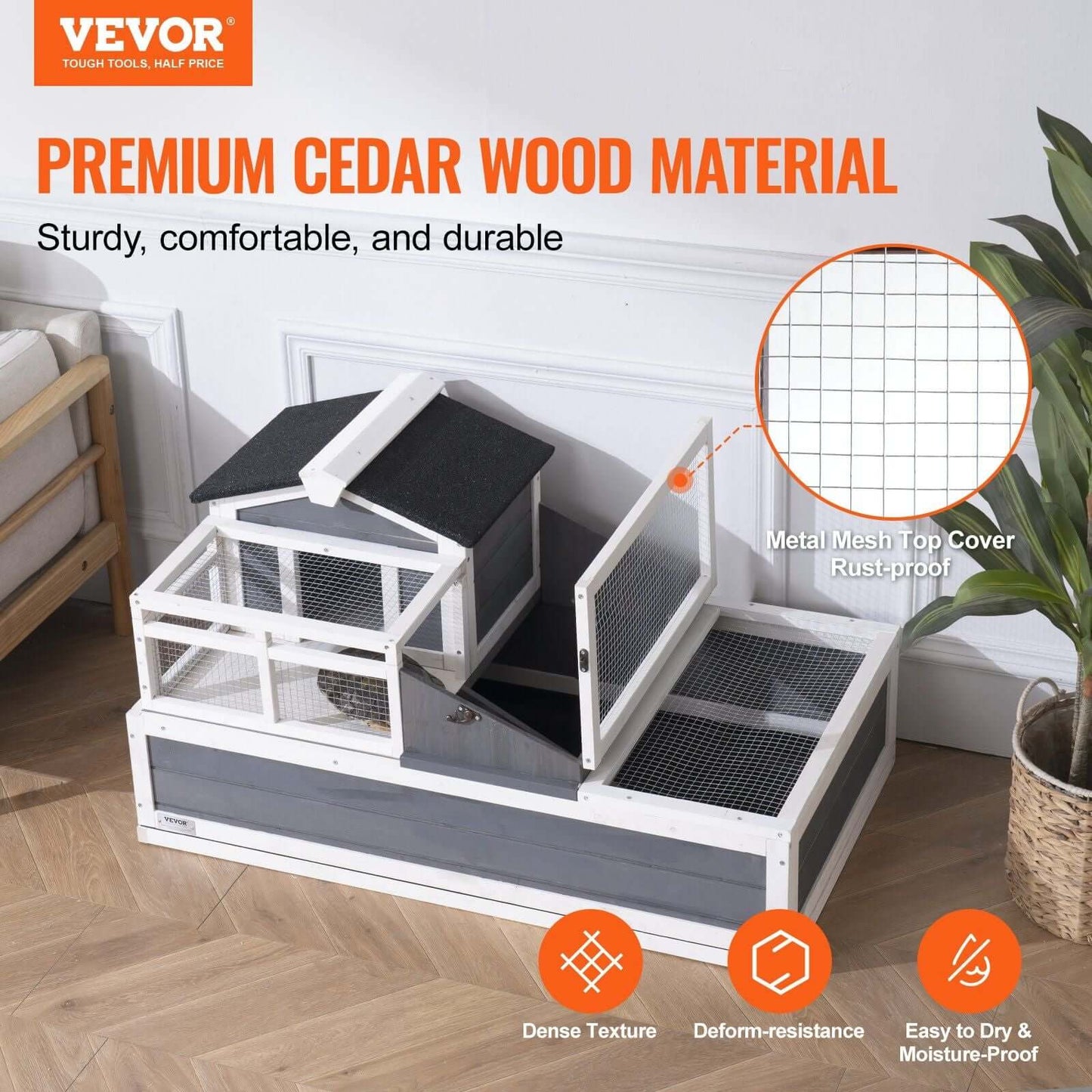 VEVOR Tortoise Habitat Wooden Tortoise House Indoor/Outdoor 3-Room 44x25.6x24in, premium cedar wood, spacious multi-level design.