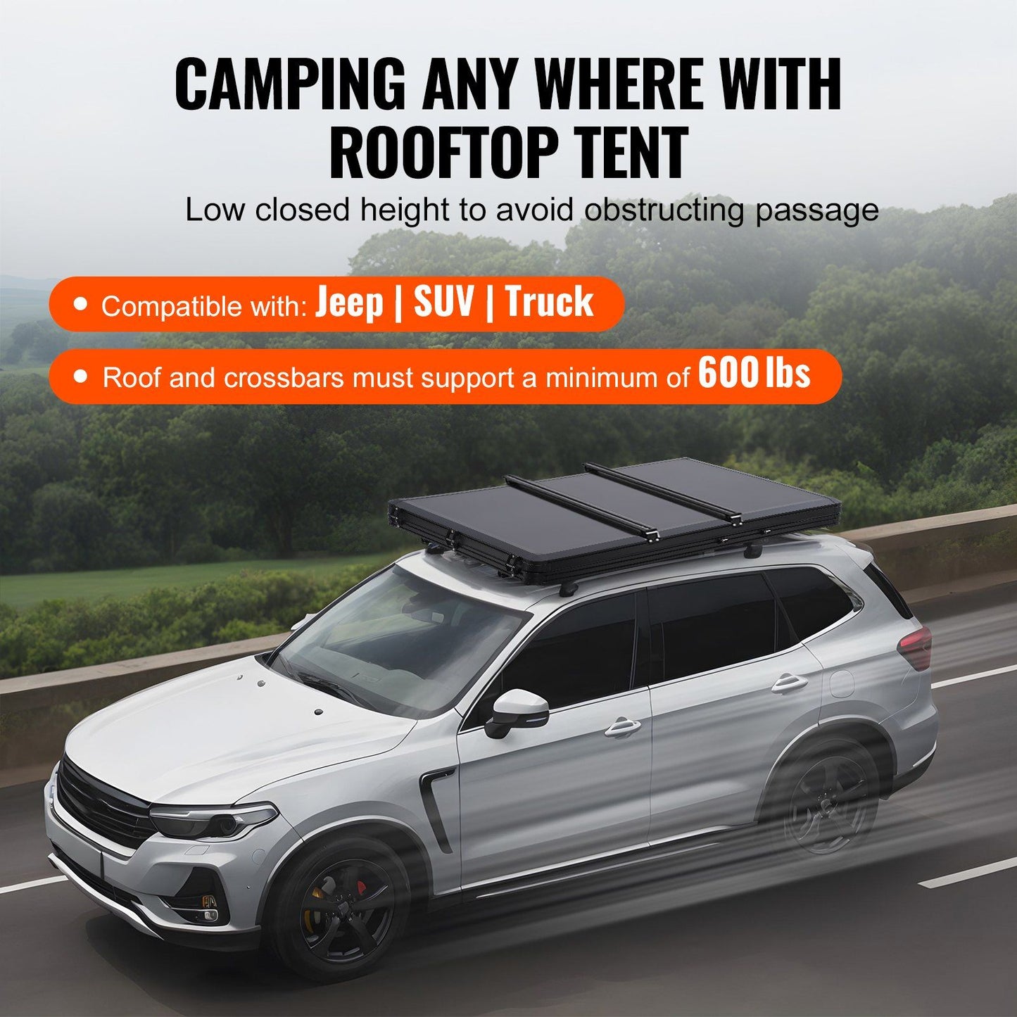 SUV on road with VEVOR rooftop tent, suitable for Jeep, SUV, Truck; supports 600 lbs; ideal for 2-3 person camping.