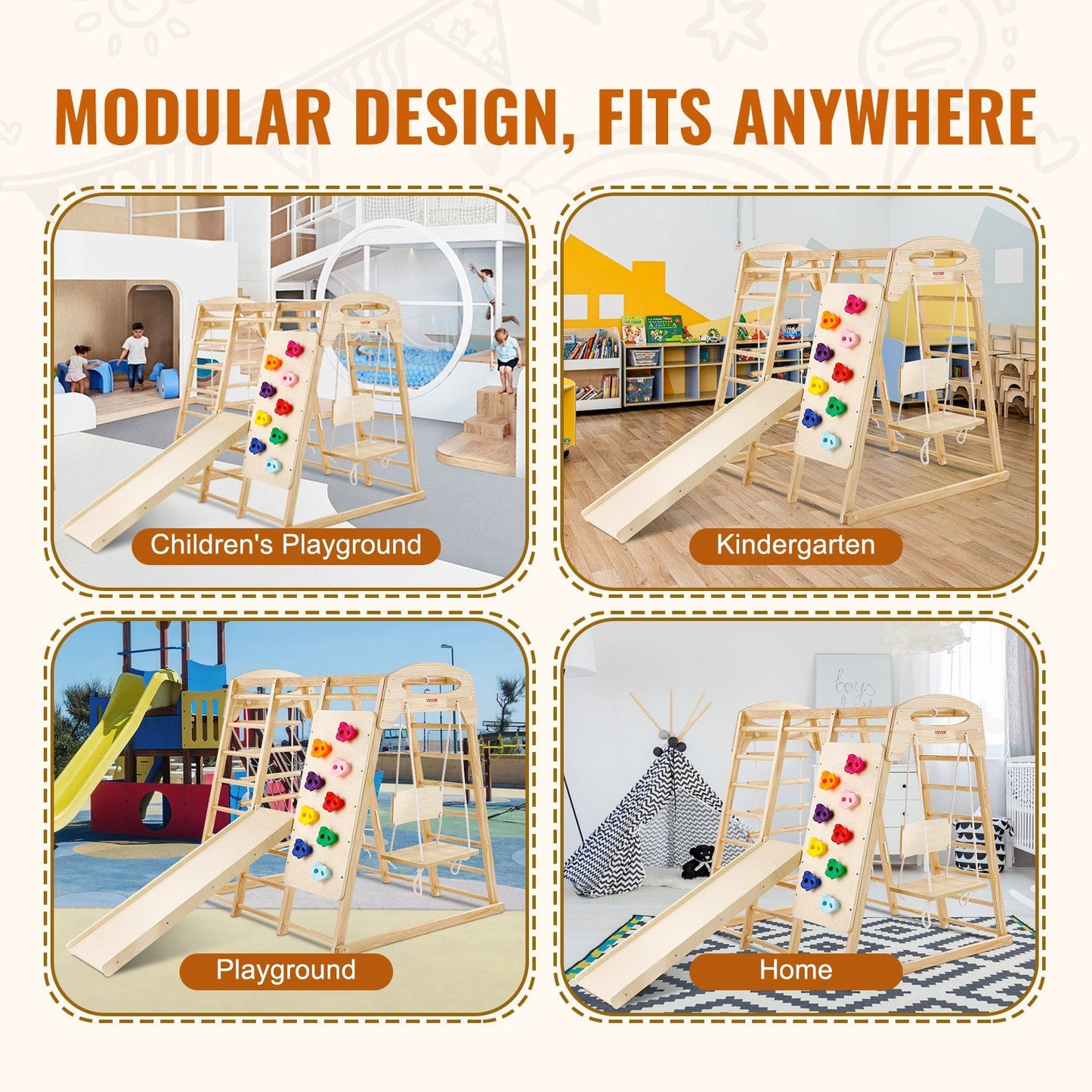 VEVOR Indoor Jungle Gym setup in playground, kindergarten, home; versatile wooden toddler climbing toys with slide, swing, climbing wall.