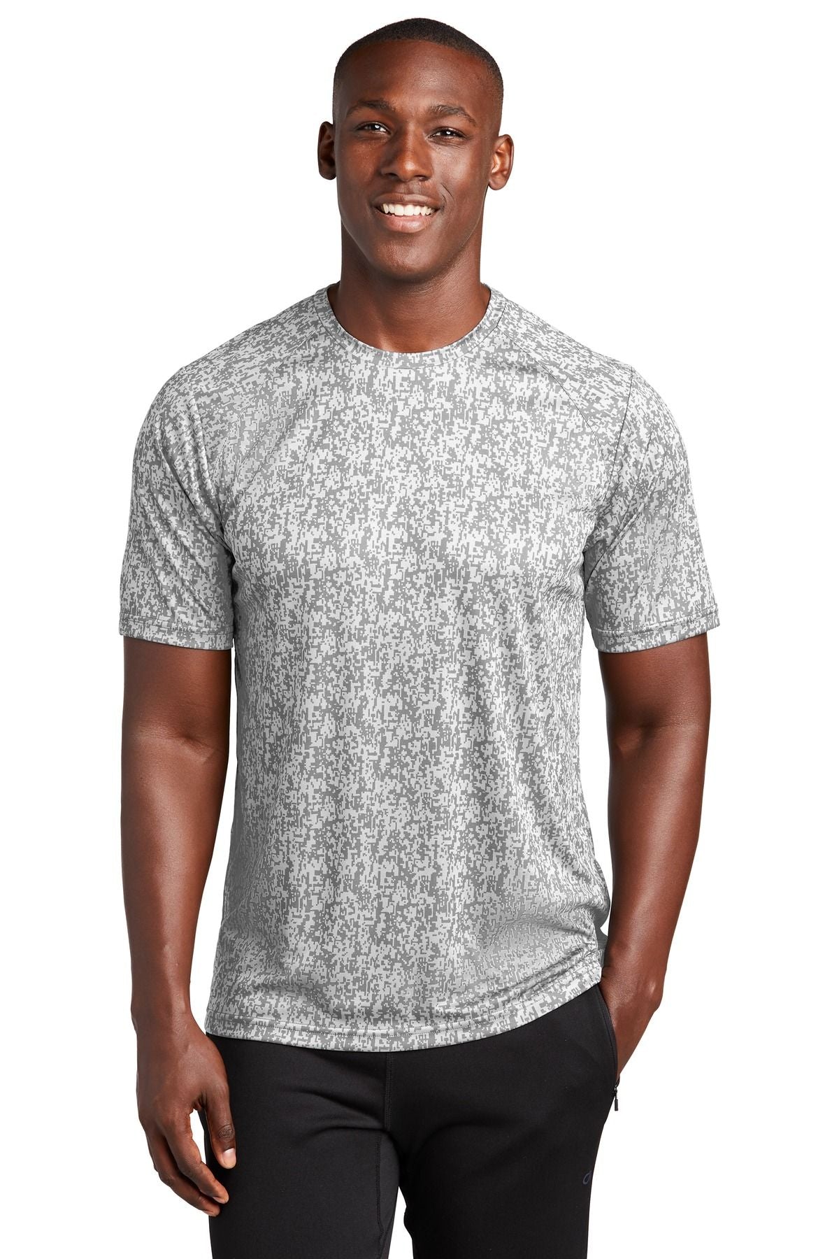 Sport-Tek Digi Camo Tee ST460 in gray, featuring subtle digi camo print, moisture-wicking, breathable 100% polyester. Perfect for performance wear.
