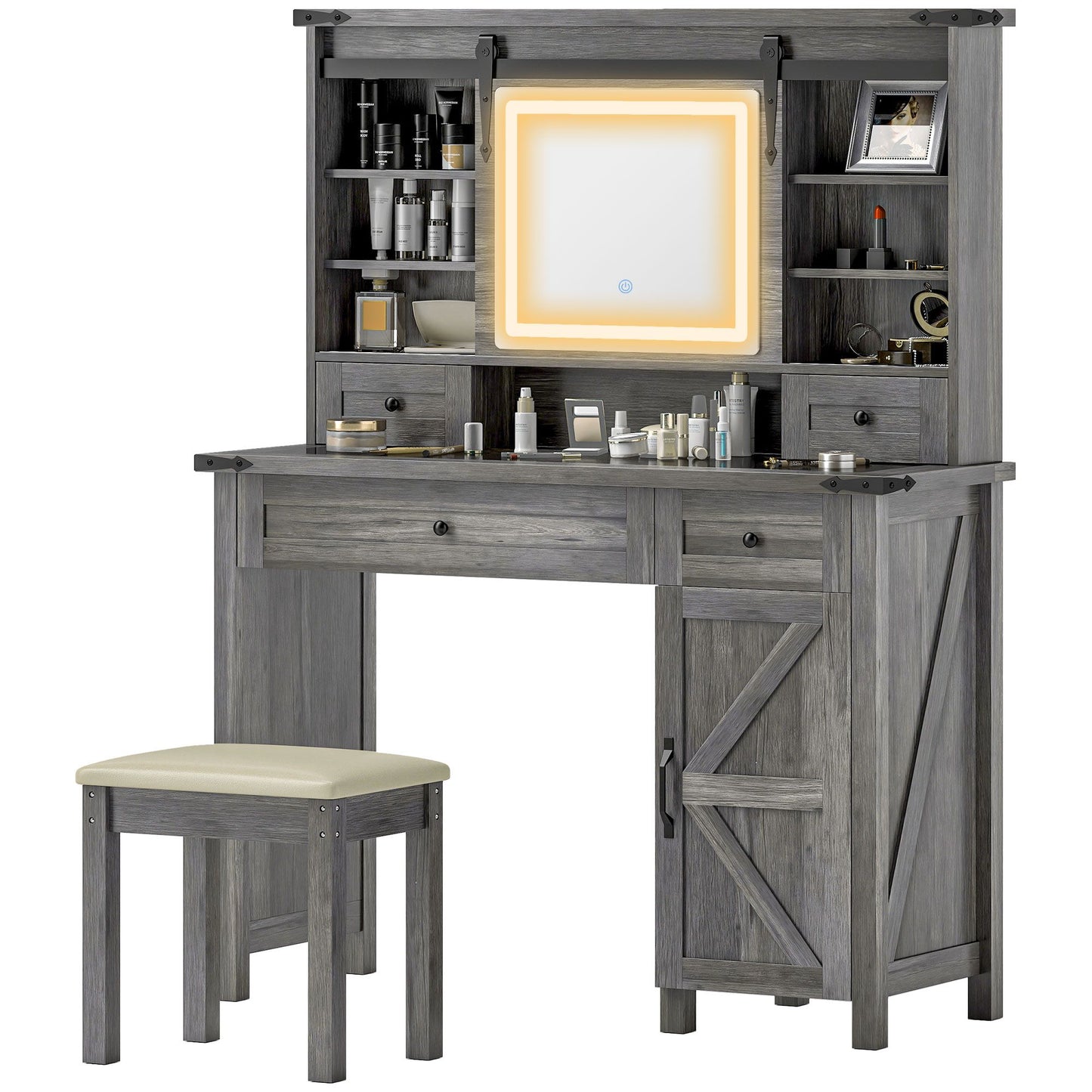 Gray HOMCOM vanity desk set with LED mirror, cushioned stool, drawers, cabinet, and shelves. Perfect for organized bedroom beauty routines.