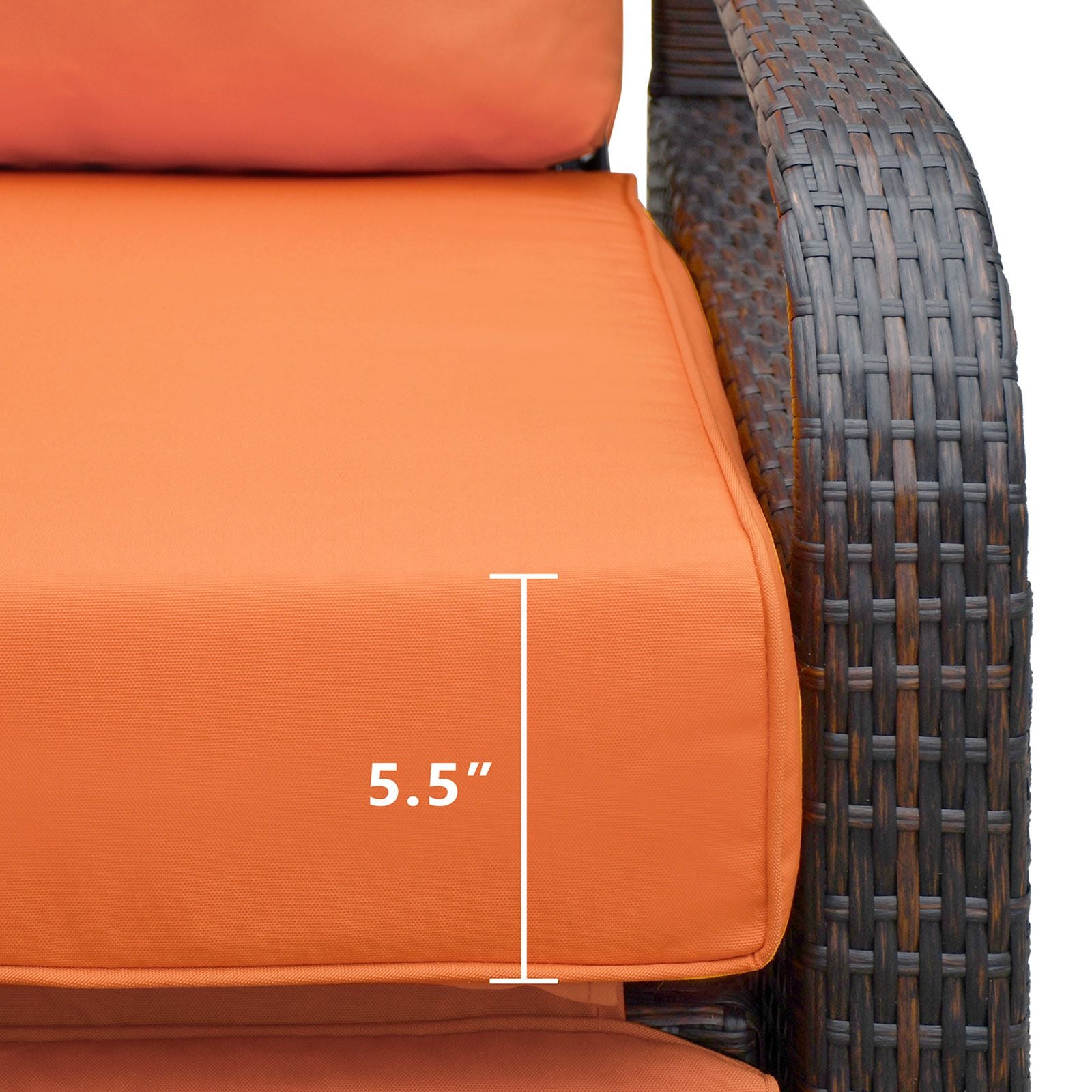 Close-up of seat cushion thickness on Adjustable Wicker Recliner Chair with orange upholstery.