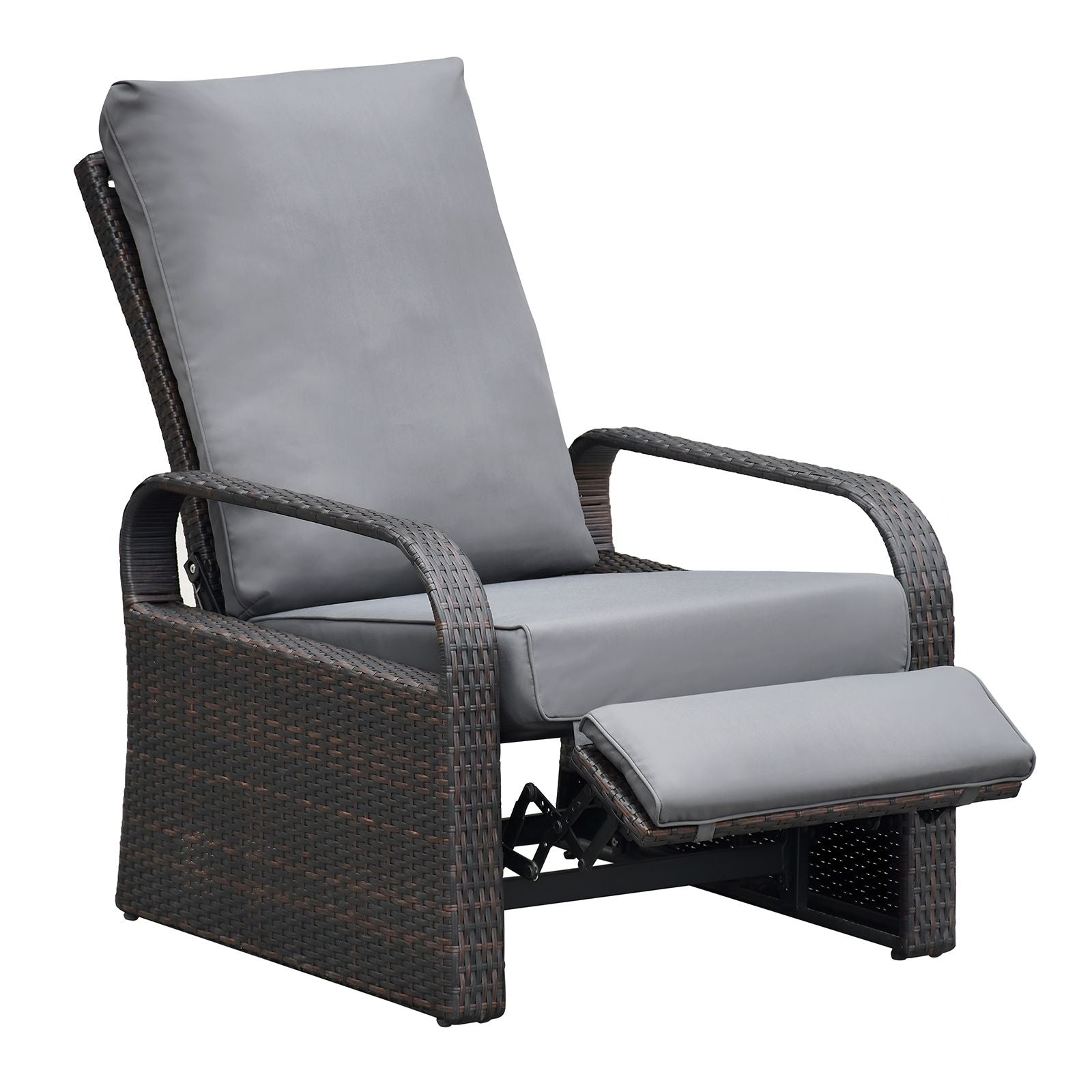 Adjustable Wicker Recliner Chair with grey cushions for luxurious outdoor relaxation.