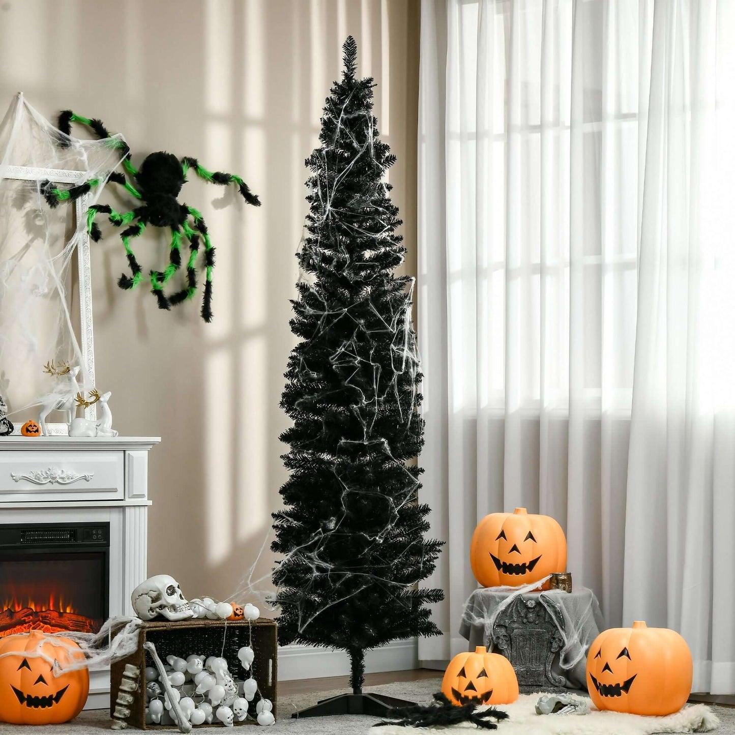 7ft Artificial Pencil Slim Christmas Tree with Halloween decor, black color, perfect for small spaces, featuring 499 realistic branch tips.