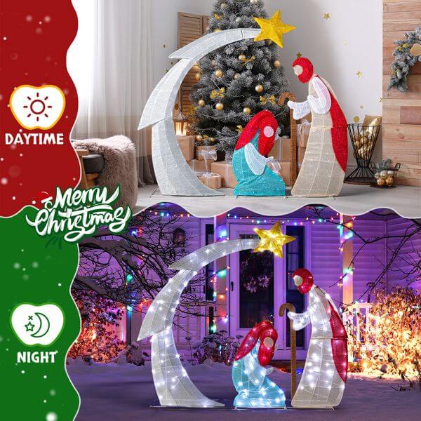 VINGLI Lighted 2D Nativity Scene with 170 LED lights, featuring day and night settings for festive outdoor Christmas decoration.