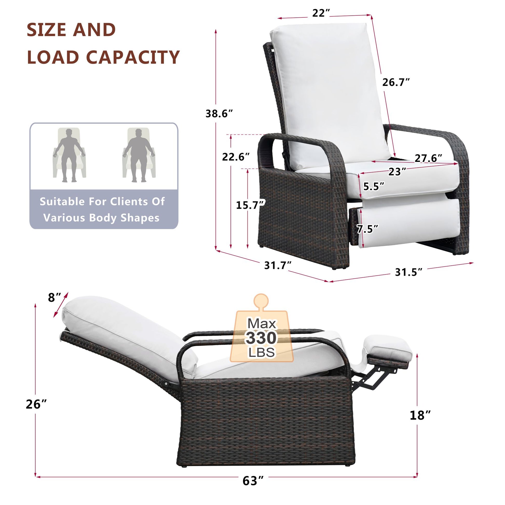 Adjustable Wicker Recliner Chair with size dimensions and max load of 330 lbs, suitable for various body shapes.