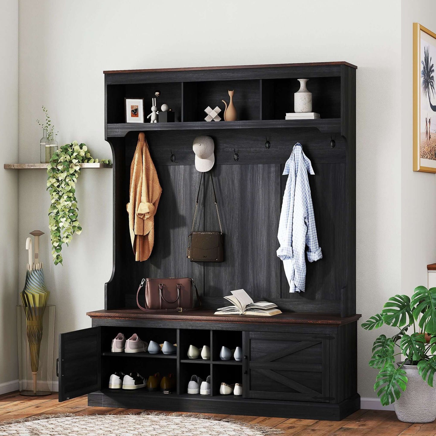 HOMCOM 3-in-1 Hall Tree with shoe storage, bench seating, and coat hooks in farmhouse black wood grain for entryway organization.