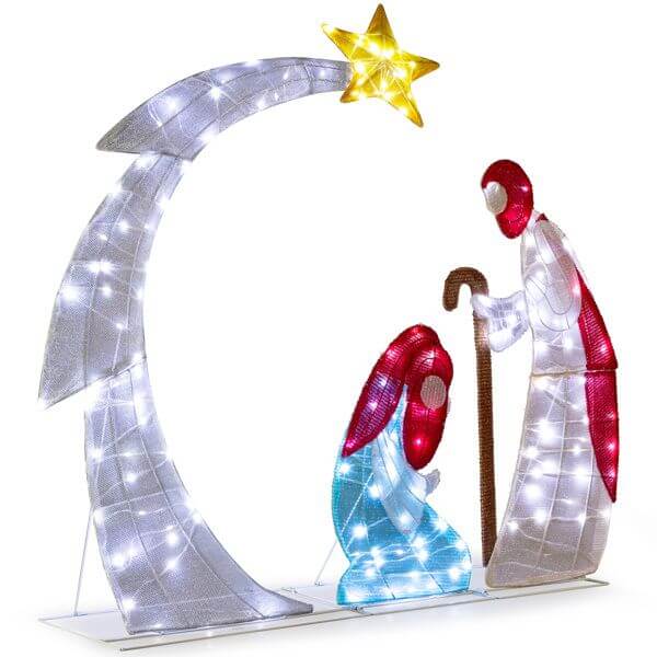 VINGLI Lighted 2D Nativity Scene with 170 LED lights, featuring Mary, Joseph, and Star of Bethlehem for outdoor Christmas decor.