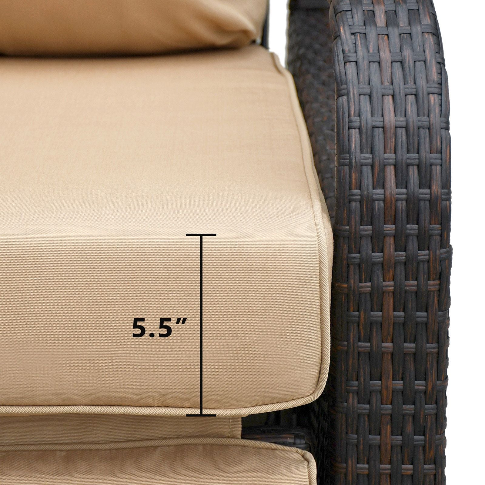 Adjustable Wicker Recliner Chair cushion close-up with 5.5-inch thickness measurement.