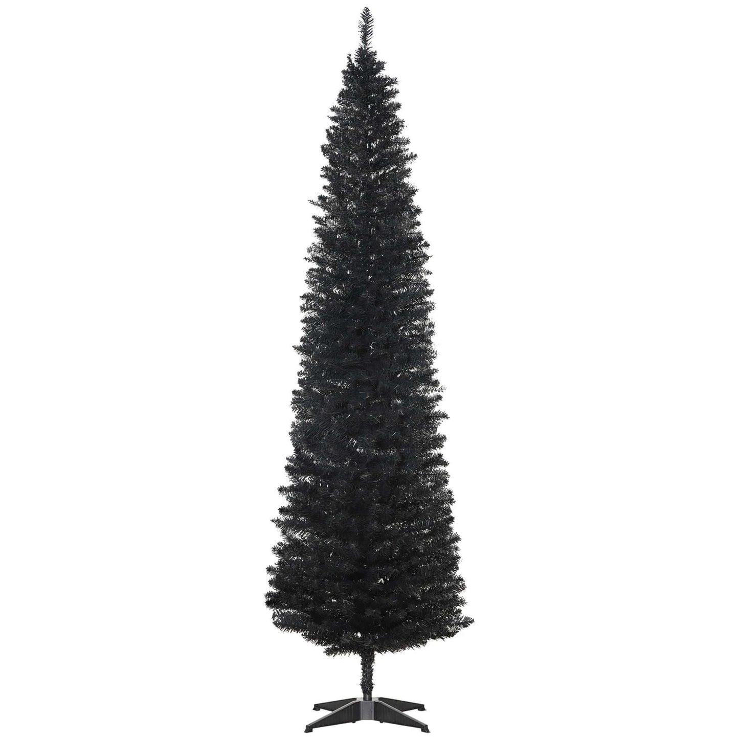 7ft Artificial Pencil Slim Christmas Tree with 499 tips, black, perfect for small spaces, featuring a sturdy plastic stand.