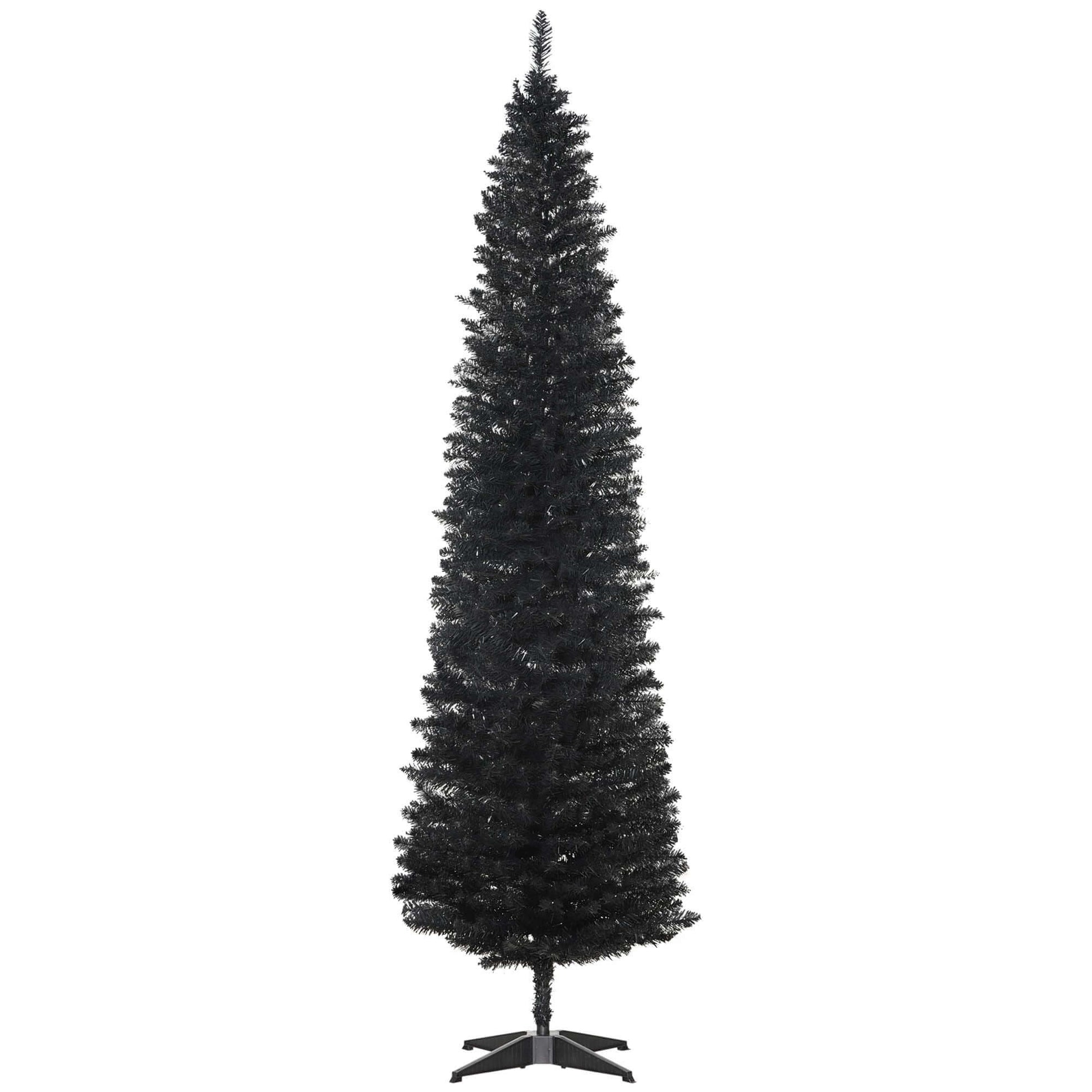 7ft Artificial Pencil Slim Christmas Tree with 499 tips, black, perfect for small spaces, featuring a sturdy plastic stand.