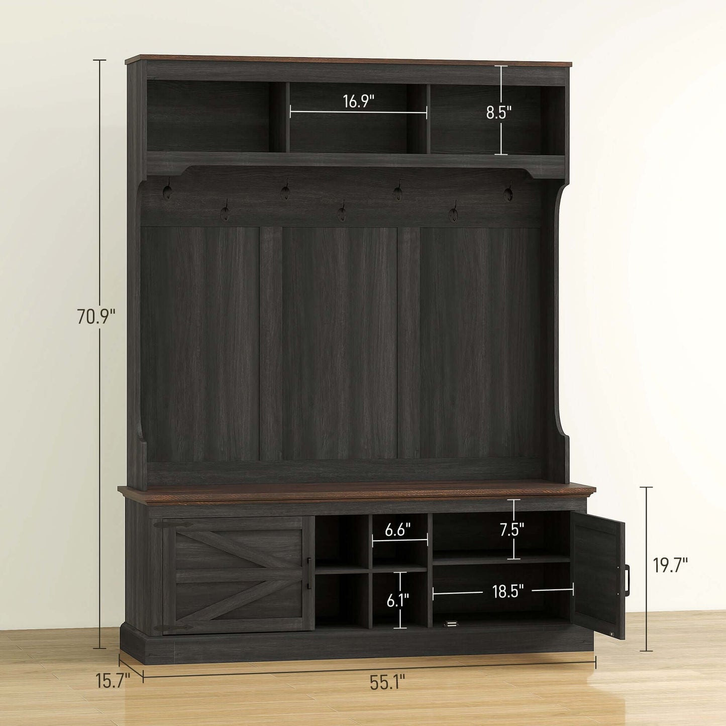 HOMCOM 3-in-1 Hall Tree with black wood grain, featuring shoe storage, coat rack, and bench, perfect for mudroom or hallway organization.