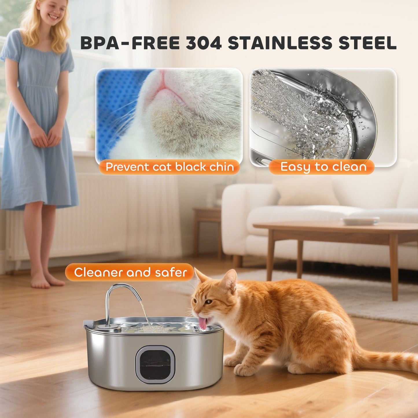 Stainless steel cat water fountain with LED, cat drinking, features clean and safe design, emphasizes prevent cat black chin and easy cleaning.