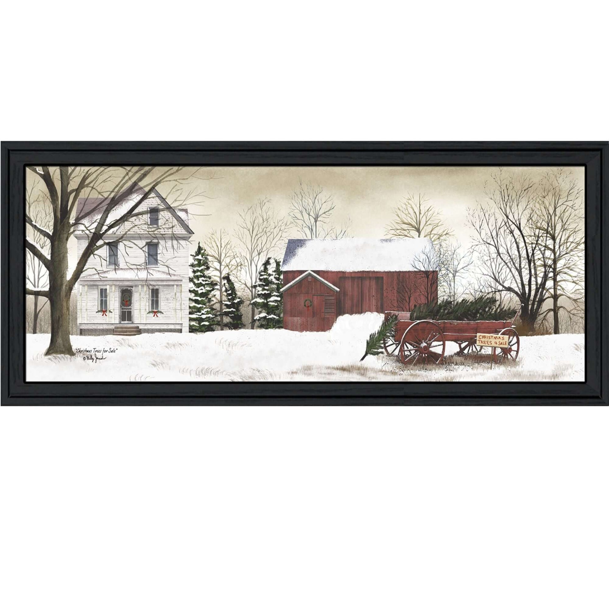 Trendy Decor 4U Christmas Trees for Sale Wall Art featuring a farm scene by artist Billy Jacobs with a wagon and holiday trees.