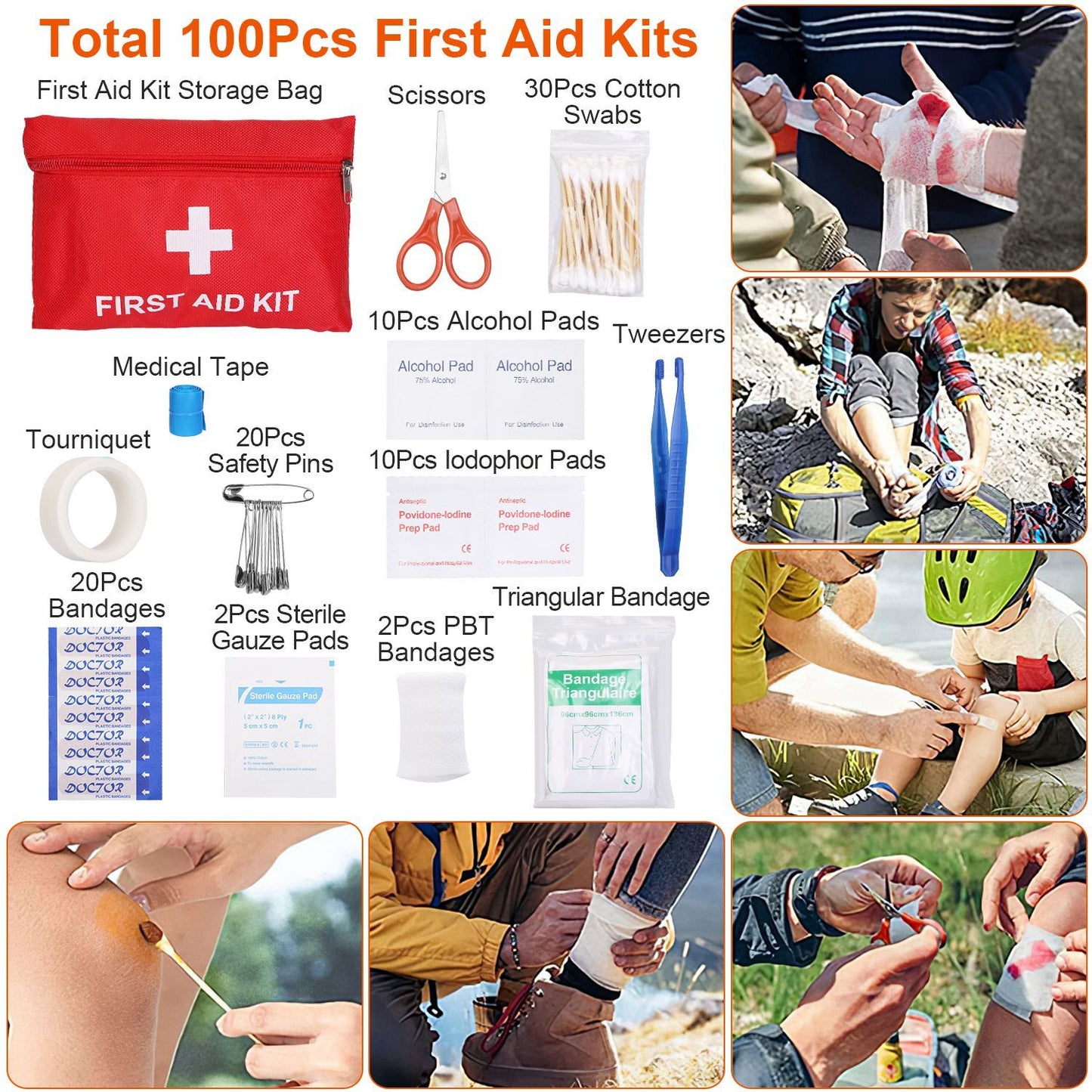 First Aid Kit with 100Pcs supplies, including storage bag, bandages, scissors, and medical gear, ideal for outdoor emergencies and adventures.
