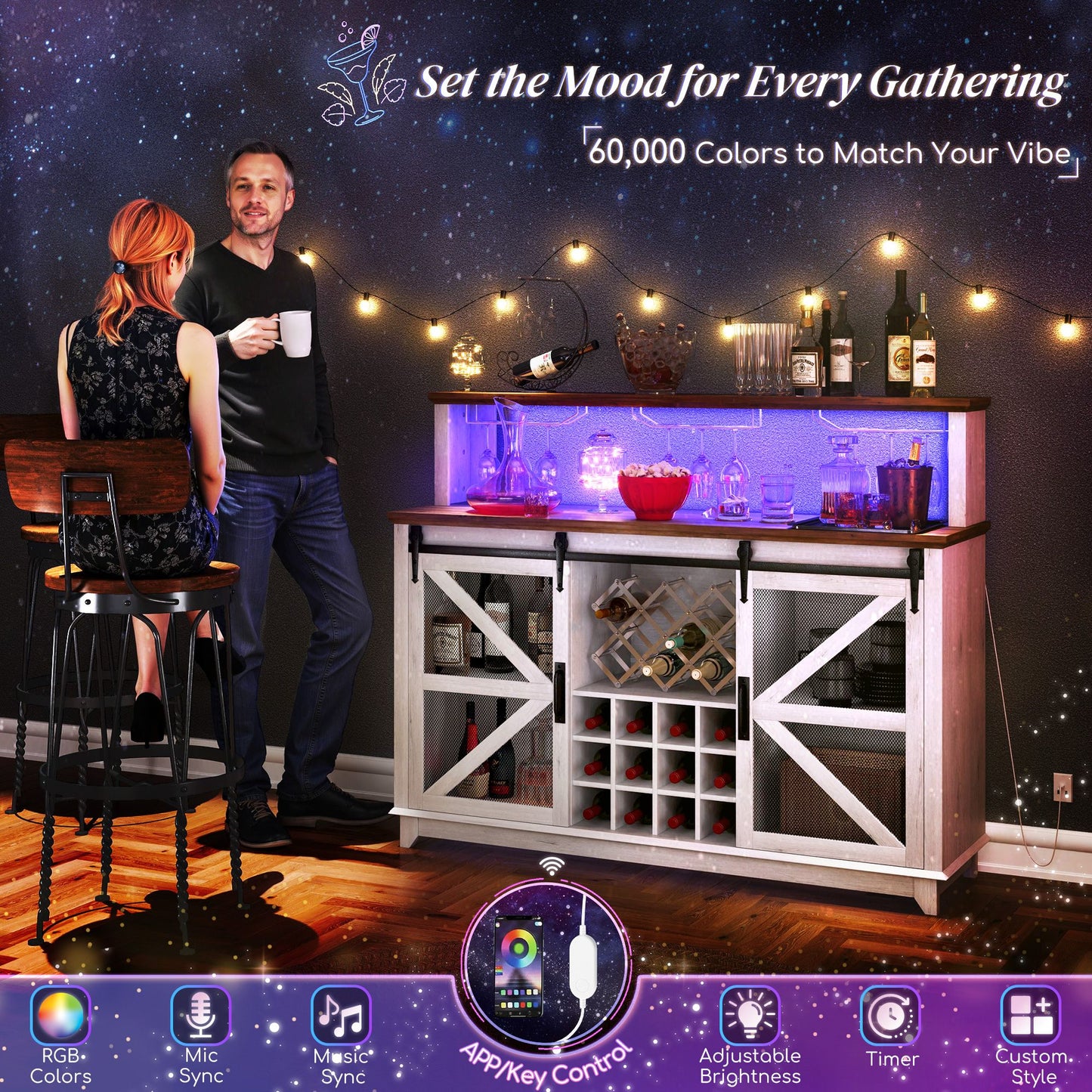 HOMCOM 55" Coffee Bar Cabinet with LED lights, featuring wine and glass racks, enhancing home bar ambiance in a farmhouse style.