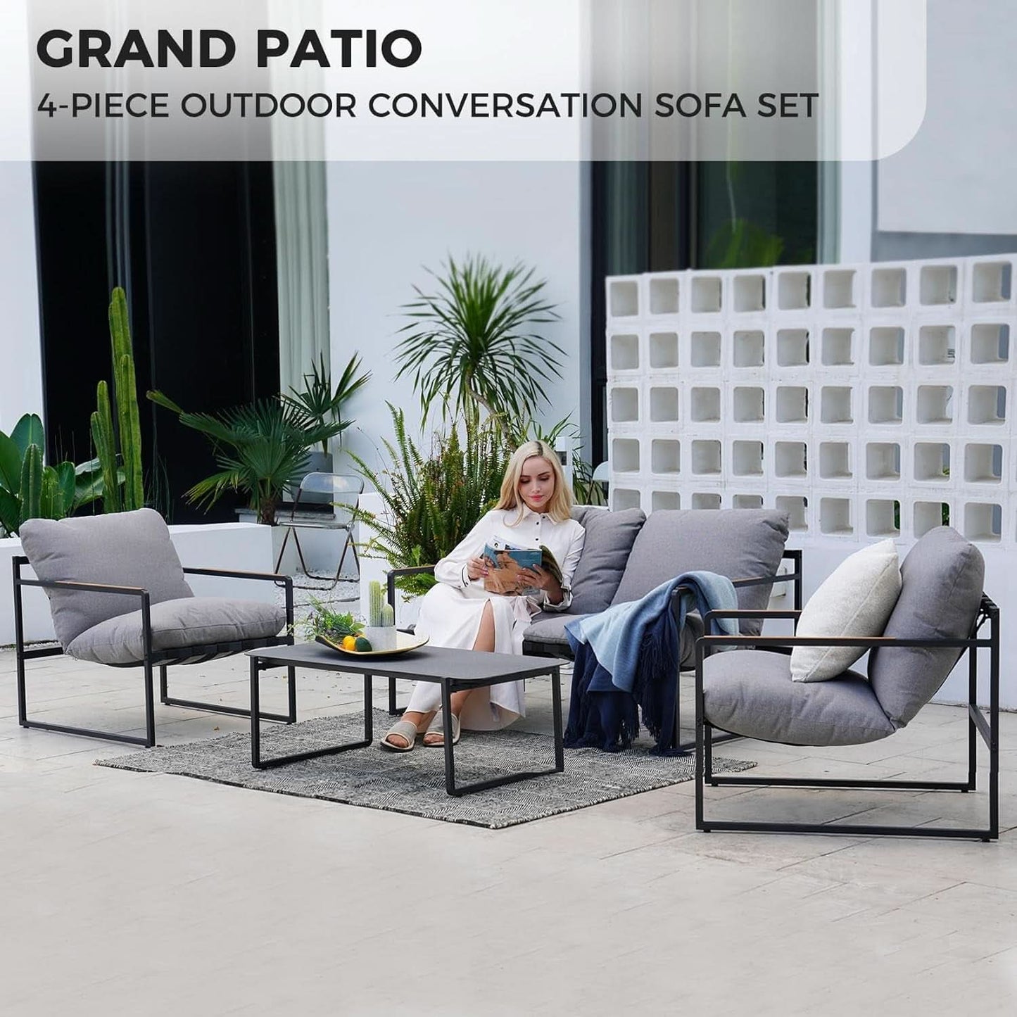 4 Piece Patio Outdoor Furniture Set With Modern Metal Sofa And Coffee Table