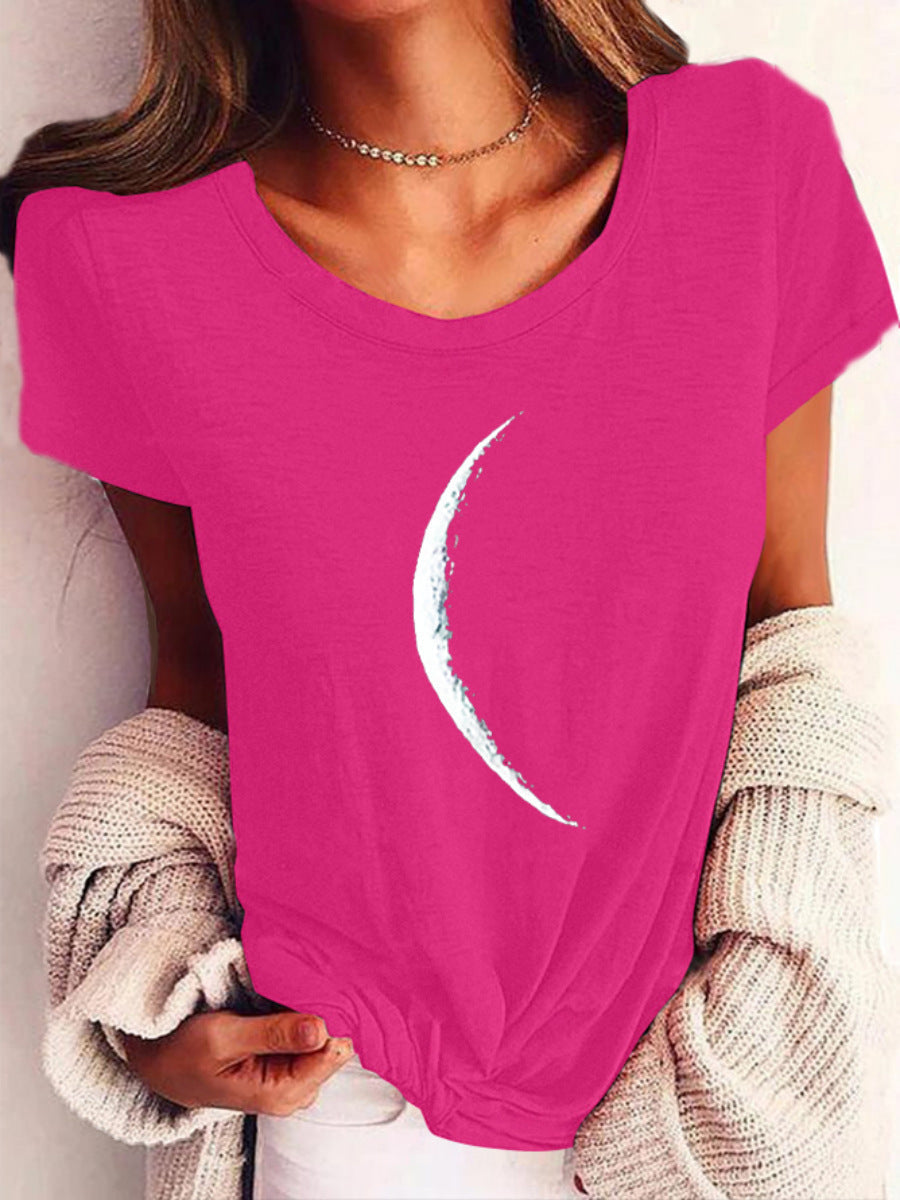 Wide Collar Printed T-Shirt – Casual Short Sleeve Top for Women in pink with a moon design