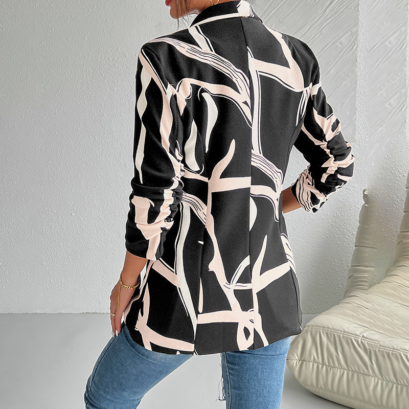 Women's Abstract Print Blazer Button Long Sleeve Work Jacket