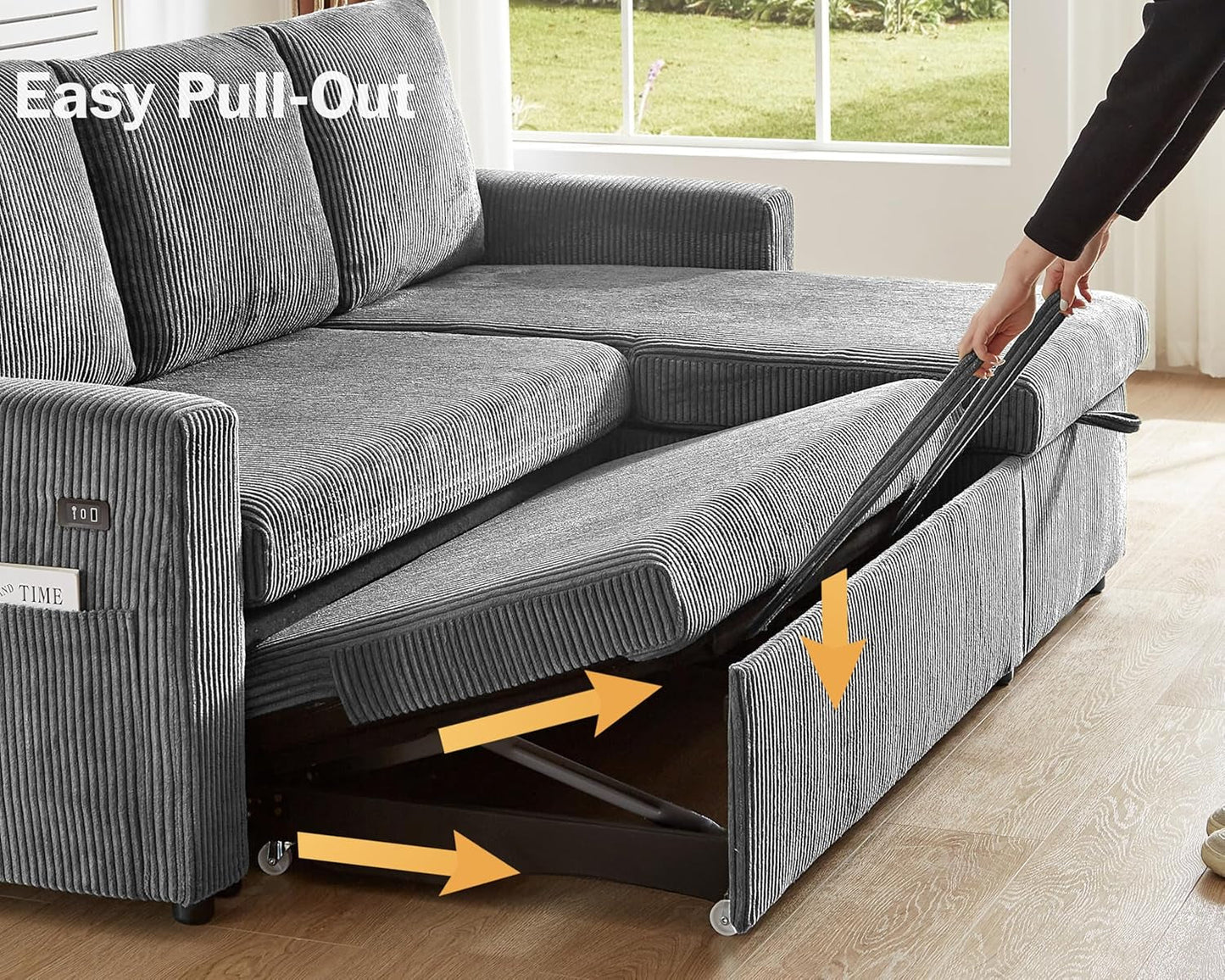 81 Inch Corduroy Velvet GreyTone Sleeper Sofa Pullout showing easy transformation to a bed with pull-out mechanism