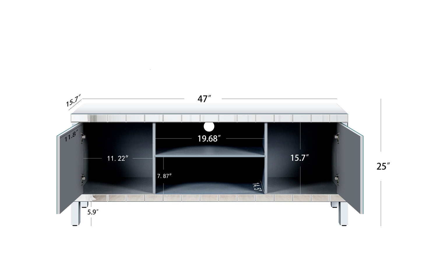 47 Inch Mirror TV Media Console with Diamond Glass Doors, Dual Door Design with Open Storage Space, Compatible with 50-Inch TVs, Modern Decor for Living Room & Bedroom