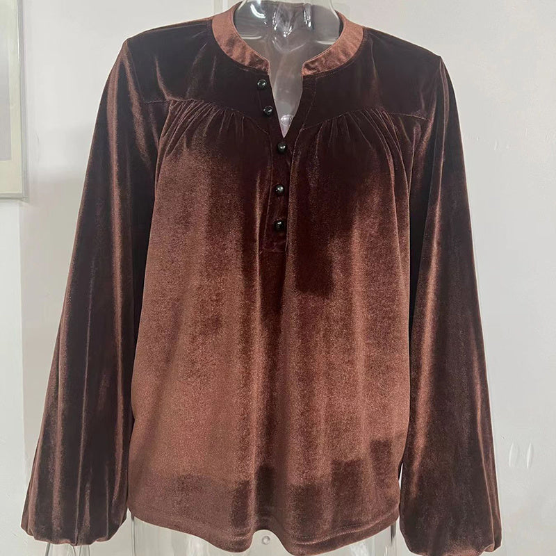 Women's Solid Color V-Neck Button Detail Long Sleeve Pullover