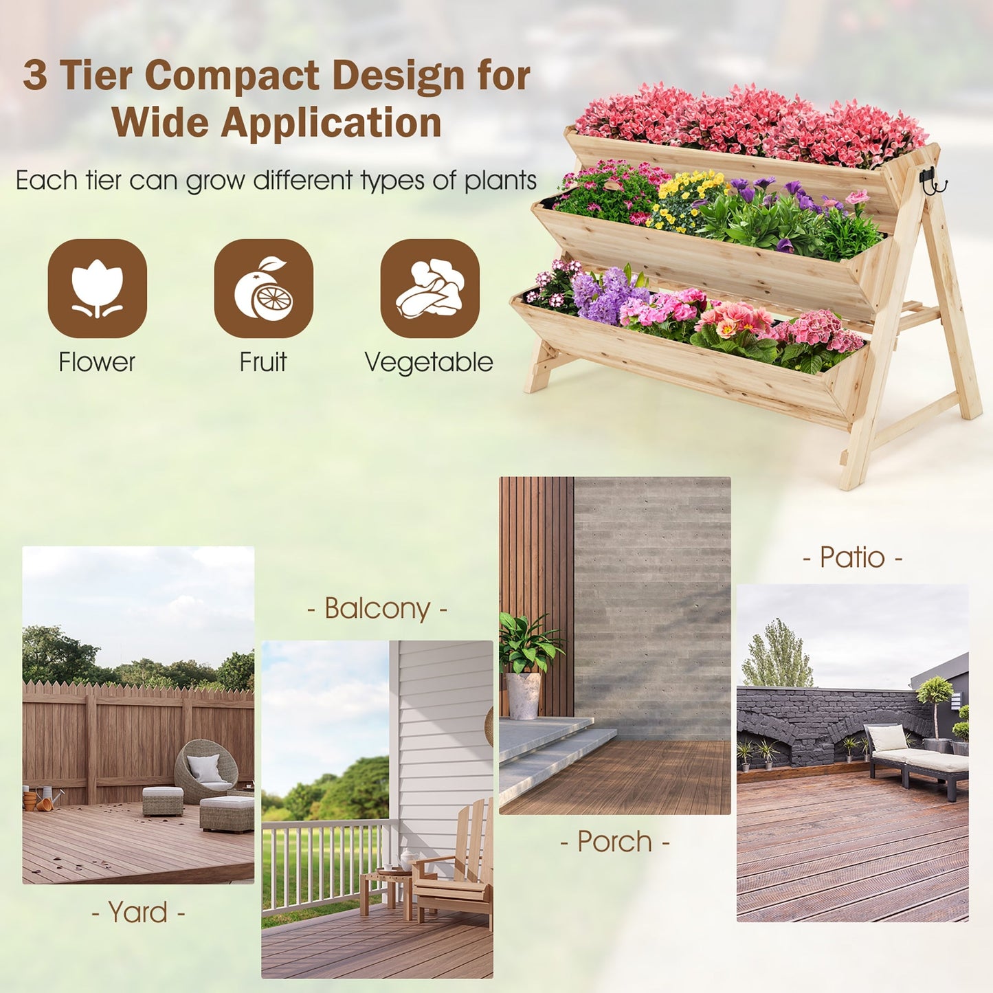 3 Tier Wooden Vertical Raised Garden Bed with Storage Shelf showcasing compact design for growing flowers, vegetables, and herbs on patio or balcony.
