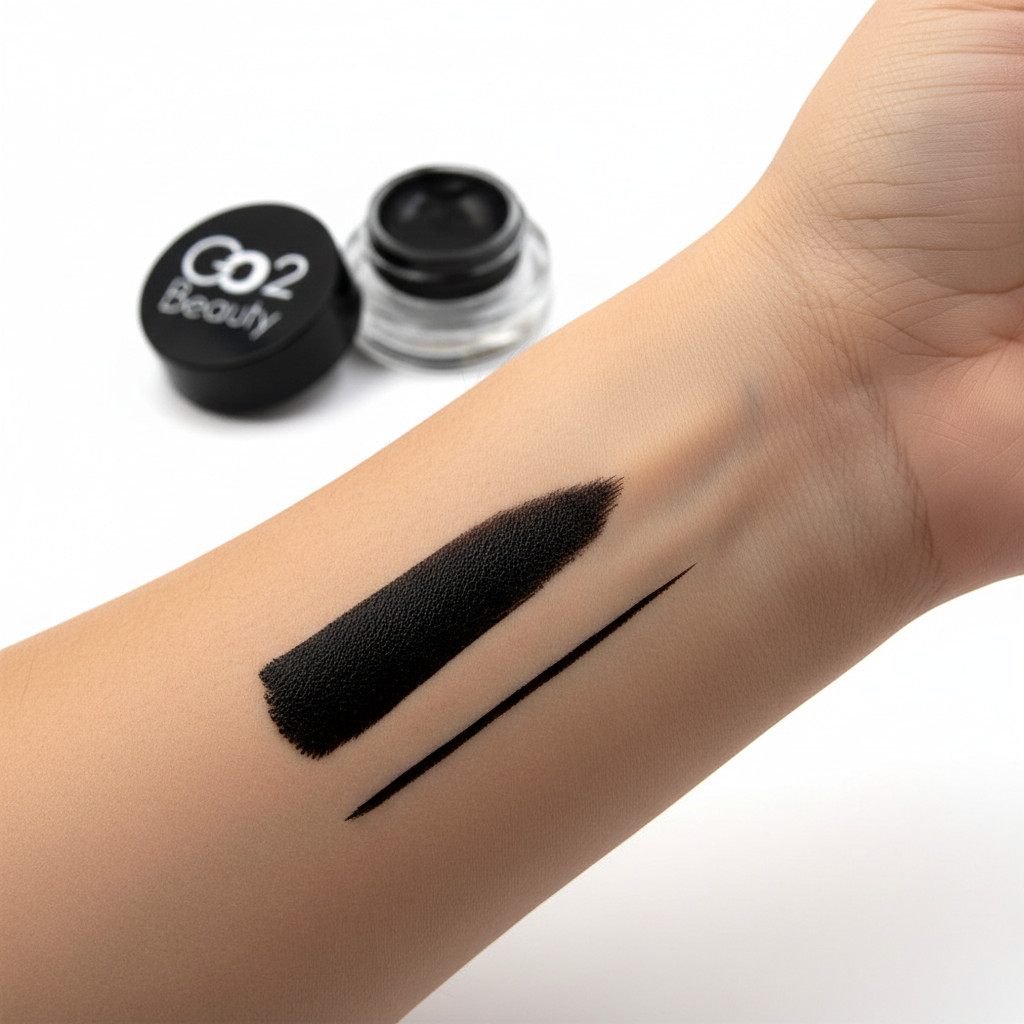 Gel Liner Black - GT-GL swatch on arm with open jar showing velvety texture for intense eye looks.