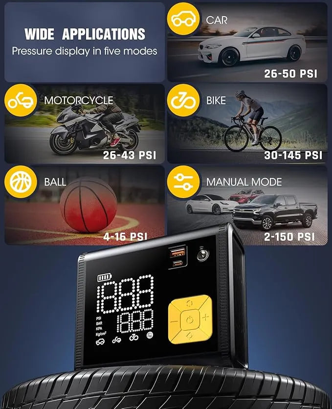 Tire Inflator Portable Air Compressor – 20000mAh – Smart Air Pump w/Digital Pressure Gauge – Auto Stop – 150PSI