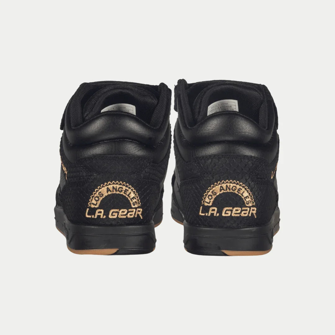 Rear view of LA Gear Men's Flame Retro Hightop | Black with logo and vintage design elements.