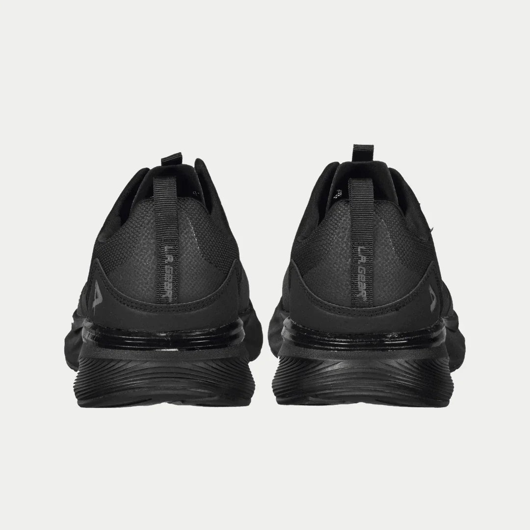 Rear view of LA Gear Men's Highland Lowtop | Black shoes showcasing cushioned outsole and breathable mesh design.