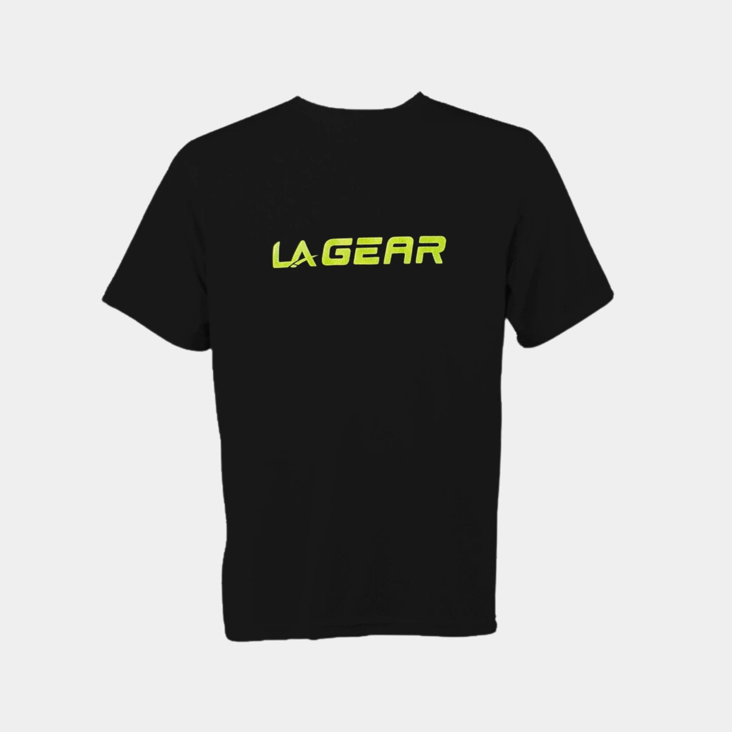 LA Gear Men's Performance Logo Tee | Black with neon-yellow logo on back, athletic performance t-shirt with moisture-wicking fabric.
