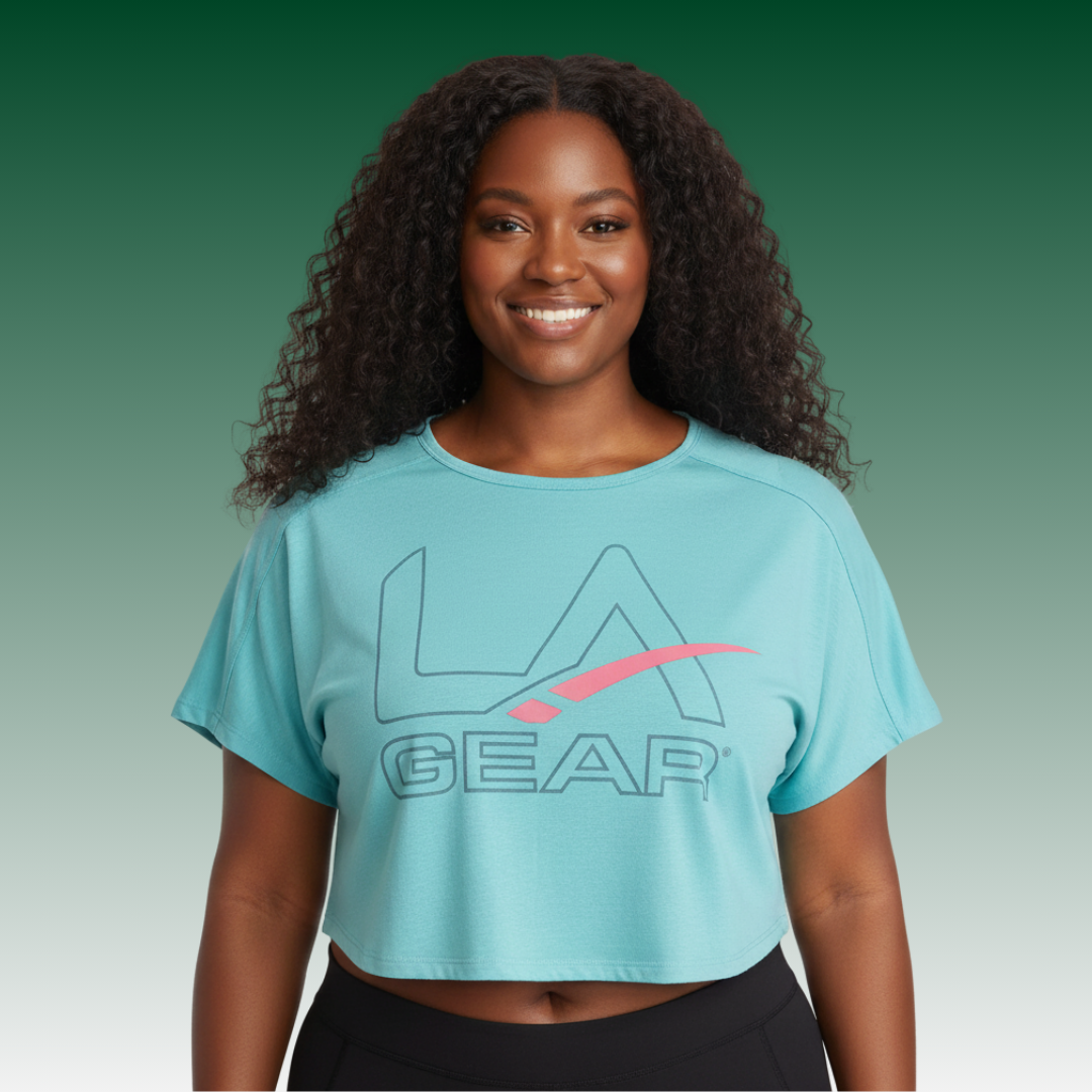 LA Gear Women’s Cropped Tee | Light Aqua with Slate x Pink Logo featuring a bold logo on a model