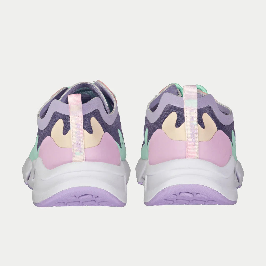 Back view of LA Gear Women's Mid-City Lowtop | Lavender x Pink sneakers with abstract design and rugged outsole.