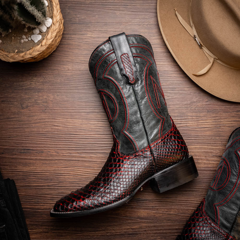 Missouri BlackCherry cowboy boot with genuine python skin and full-grain leather, featuring a square toe from the Western Collection.