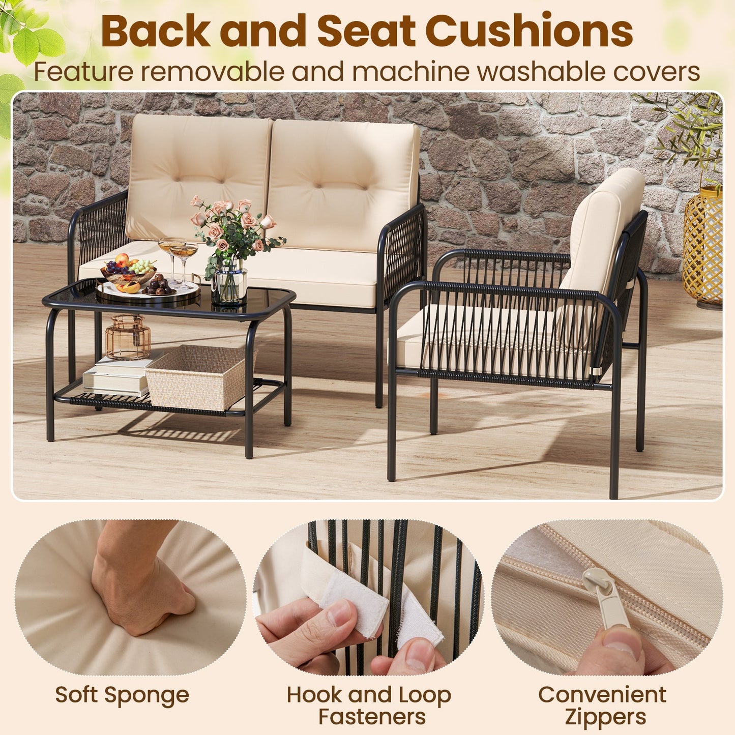 4 Pieces Patio Furniture Set PE Rattan Sofa Chairs with Loveseat-Beige showcasing cushions